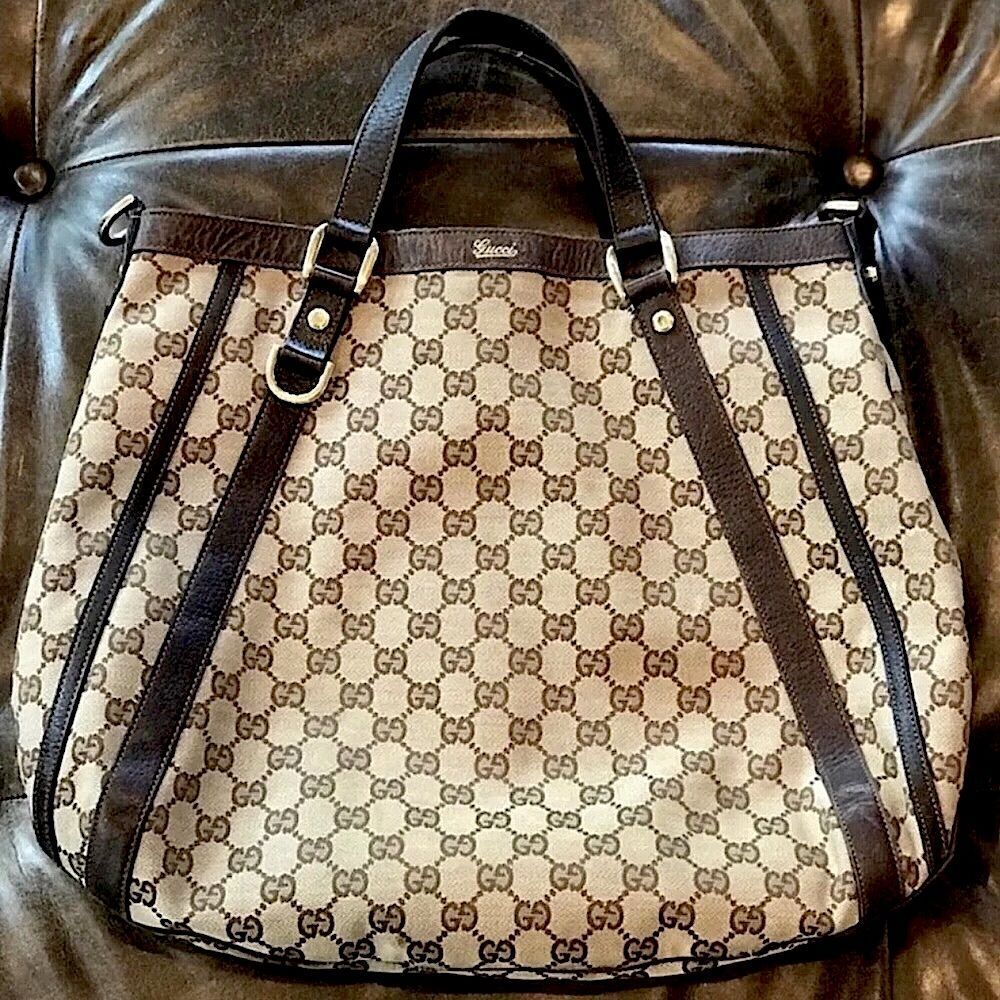 GUCCI Abbey Monogram Oversized Tan Canvas & Brown Leather Crossbody Shoulder Bag